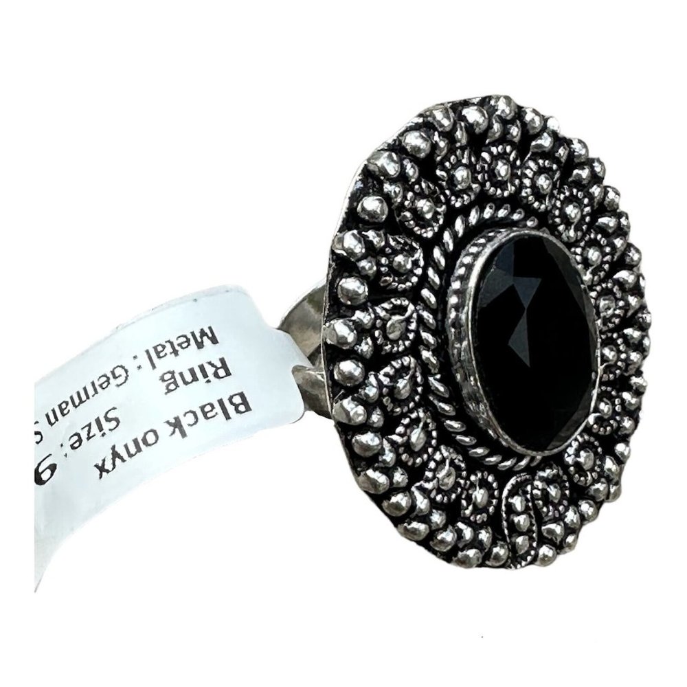 Black Onyx Ring Real Gemstone 1.25 Inch Large Ornate Setting Ring Size 9
